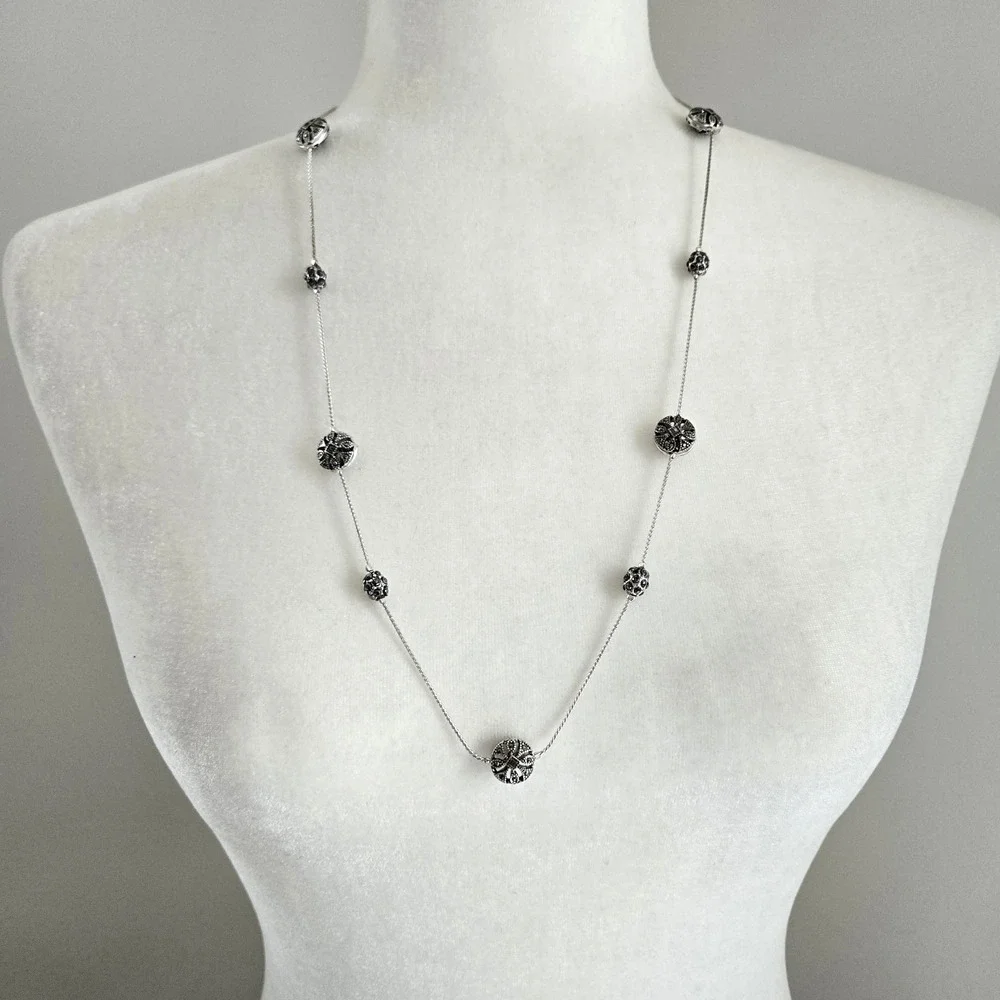 Vintage Trifari Necklace Silvertone Medallion Charm Long Chain Classic Retro 30